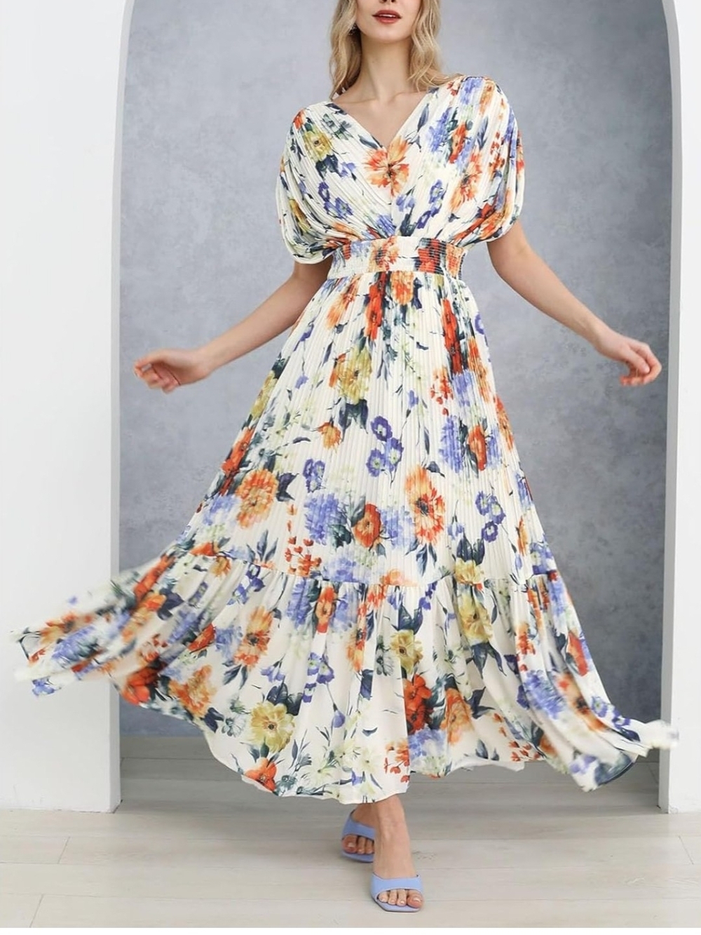 Chicwish White Floral Pleated Maxi Dress with Orange & Blue Blooms